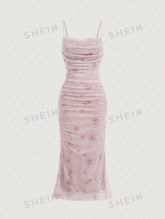 Floral Print Ruched Mesh Cami Long Dress